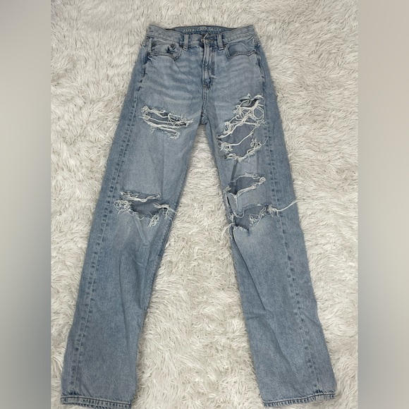AMERICAN EAGLE High Rise Distressed Straight Leg Boyfriend Jeans Vintage Wash 00 - Picture 7 of 10